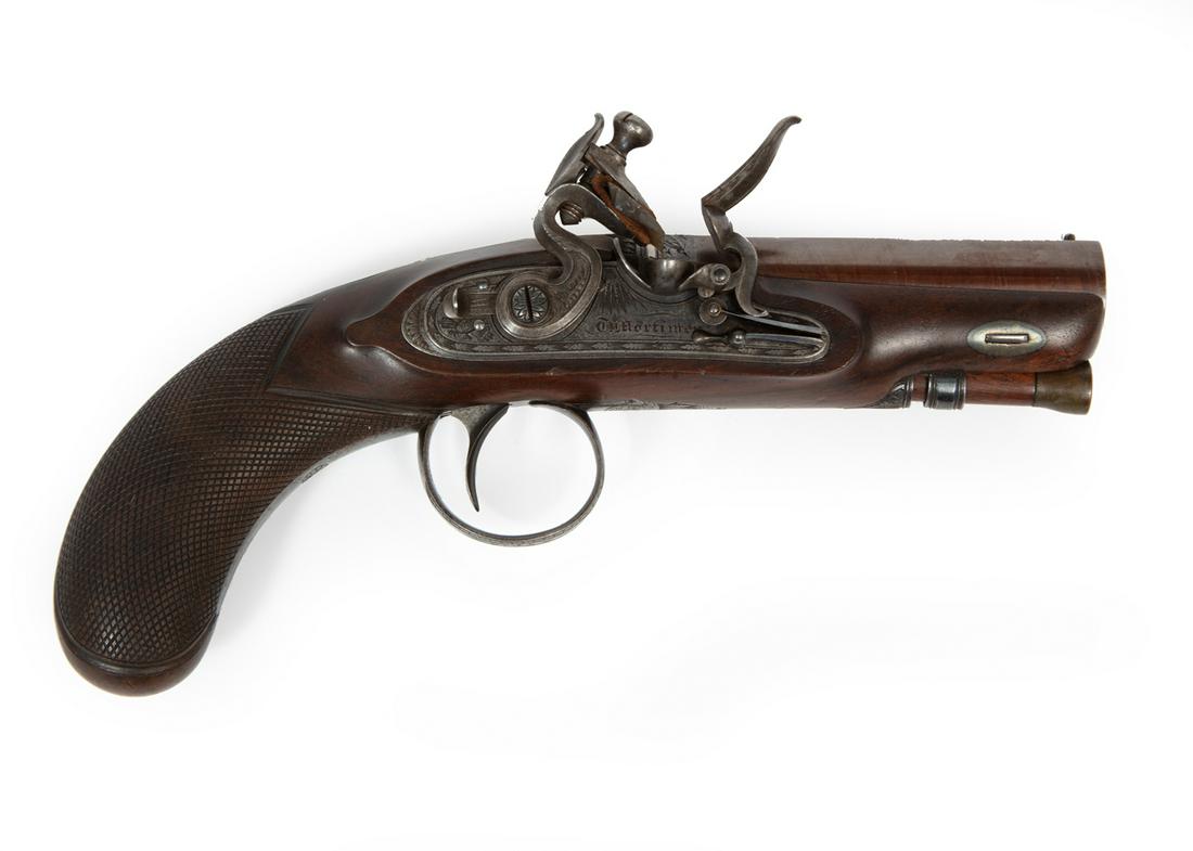 Thomas Mortimer Flintlock Overcoat Pistol: English Flintlock Overcoat Pistol, c. 1800, Thomas Mortimer, London, lockplate marked "T.Mortimer", top barrel flat marked "Gun Maker to his Majesty, checkered grip, trigger guard engraved with trophy
