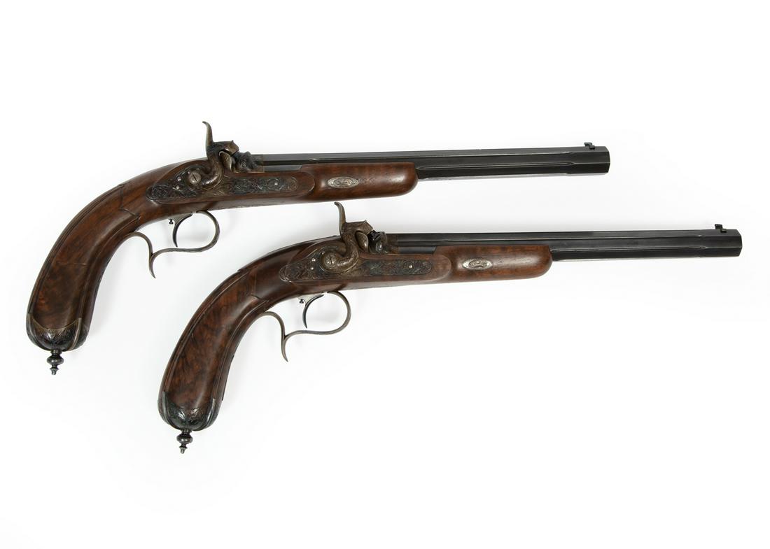 Cased Pair of Belgian Percussion Dueling Pistols (1 of 10)