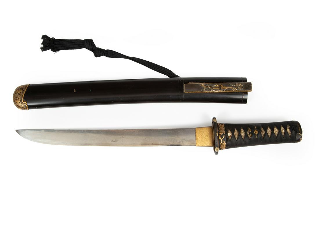 Japanese Tanto: Japanese Tanto, 19th c., tang and kozuka blade signed, lacquered scabbard and shagreen hilt, gilt foliate mounts, kozuka handle with a figure possibly at a forge, blade l. 10 1/2 in., total l. 18 in.