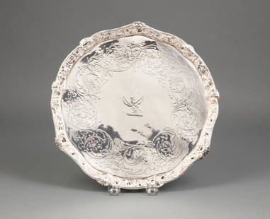 Victorian Sterling Silver Salver: Victorian Sterling Silver Salver, London, 1849, John Samuel Hunt, act. 1844-1867, mark reg, 1844, also marked "HUNT & ROSKELL/ LATE/ STORR MORTIMER & HUNT/ 4164"; reticulated grape and grapeleaf borde