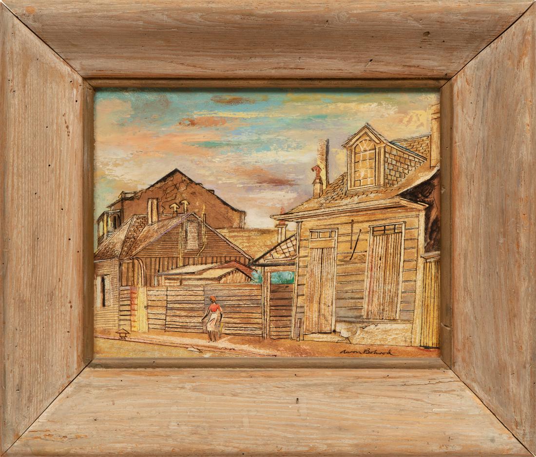 Aaron Bohrod (American, 1907-1992): Aaron Bohrod (American, 1907-1992), "Houses, New Orleans", 1953, mixed media on board, signed lower right, titled, inscribed, partial label with artist and title and handwritten label with title and d
