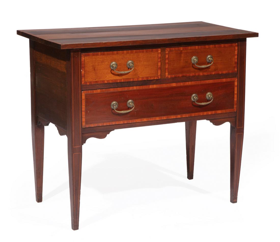 American Federal or English Banded and Inlaid Santo Domingo Mahogany Console: American Federal or English Banded and Inlaid Santo Domingo Mahogany Console, c. 1810, possibly New England, inset plank top with one later board, two short drawers over one long drawer, shaped bracke