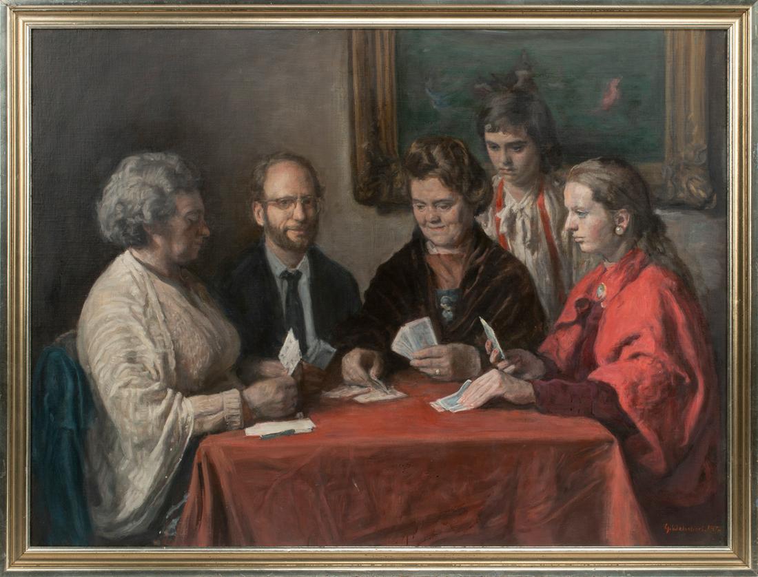 George Weissbort (British, 1928-2013): George Weissbort (British, 1928-2013), "Playing Cards", 1972, oil on canvas board, signed and dated lower right, 36 in. x 48 in., framed.