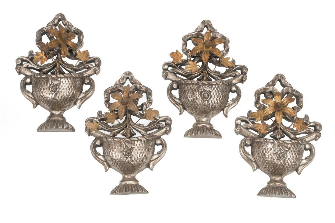 Silvered Wood, Bronze-Mounted Wall Ornaments: Four Italian Neoclassical Carved and Silvered Wood and Bronze-Mounted Wall Ornaments , h. 13 1/2 in., w. 9 in., d. 4 1/2 in.