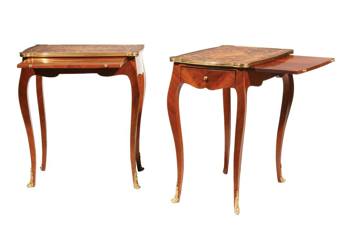 Faux Marquetry, Kingwood Side Tables: Pair of Louis XV-Style Bronze-Mounted Faux Marquetry and Kingwood Side Tables, gilt banded top, frieze fitted with writing slide and single drawer, cabriole legs, sabots, h. 29 1/2 in., w. 26 in., d.