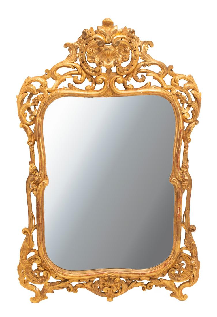 Louis XV-Style Giltwood Mirror: Antique Louis XV-Style Giltwood Mirror, scrolled crest centering a shell, undulating pierced foliate surround, h. 57 1/2 in., w. 37 in.