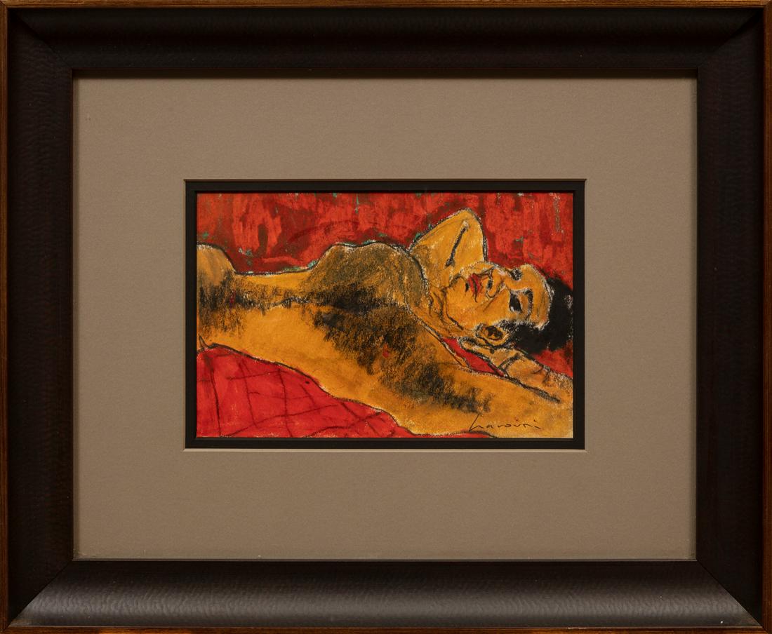 David Harouni (Iranian/New Orleans, b. 1962): David Harouni (Iranian/New Orleans, b. 1962), "Man Reclining with Hands Behind Head", mixed media on paper, signed lower right and en verso, 5 3/4 in. x 8 3/4 in.; and "Head Resting on Pillow", oil on