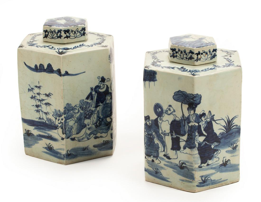 Chinese Blue, White Porcelain Covered Tea Caddies (1 of 3)