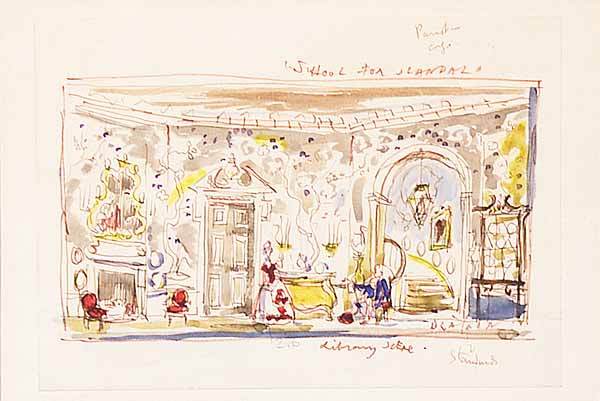 Sir Cecil Beaton, watercolor: Sir Cecil Beaton, C.B.E. (English, 1904-1980) , Set design for "The School for Scandal", of the library, pencil and watercolor, signed lower right, titled and with margin notations, 5 1/8 in. x 7 1/4