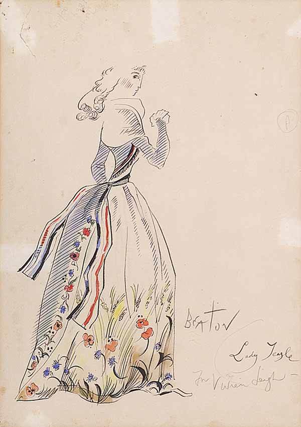 Sir Cecil Beaton, watercolor: Sir Cecil Beaton, C.B.E. (English, 1904-1980) , Costume design for "The School for Scandal" of Vivian Leigh in her role as Lady Teazle, pencil and watercolor, pencil-signed lower right, ink titled "La