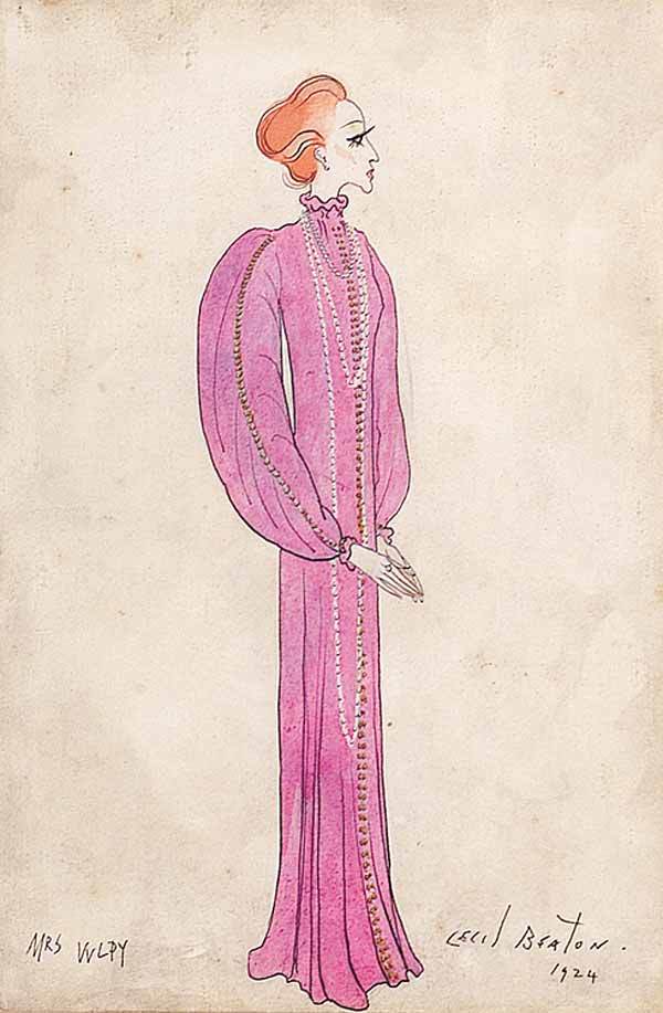 Sir Cecil Beaton, watercolor: Sir Cecil Beaton, C.B.E. (English, 1904-1980) , Costume design for "The Watched Pot" depicting the character Mrs. Vulpy, pencil and watercolor, signed and dated "1924" lower right, inscribed lower lef