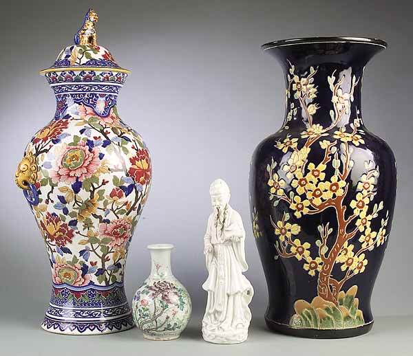 Group of Four Porcelain Table Accessories: A Group of Four Porcelain Table Accessories , all decorated in the Oriental taste, including a tall English baluster vase, c. 1930; a French Gien faience lidded urn, late 19th/early 20th c.; a small J