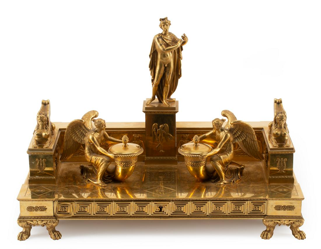 Empire-Style Gilt Bronze Writing Stand: Empire-Style Gilt Bronze Writing Stand, early 19th c., attr. to Odiot, Paris, after the model designed by Pierre-Paul Prud'hon (1758-1823), h. 12 1/2 in., w. 17 1/2 in., d. 8 1/2 in.