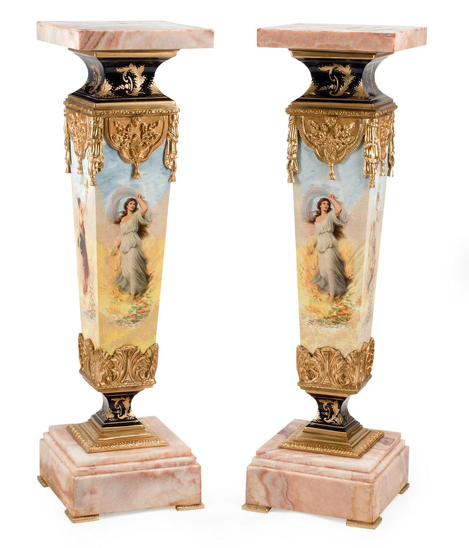 Pair of Louis XVI-Style Bronze-Mounted, Enameled Metal and Onyx Pedestals (1 of 4)