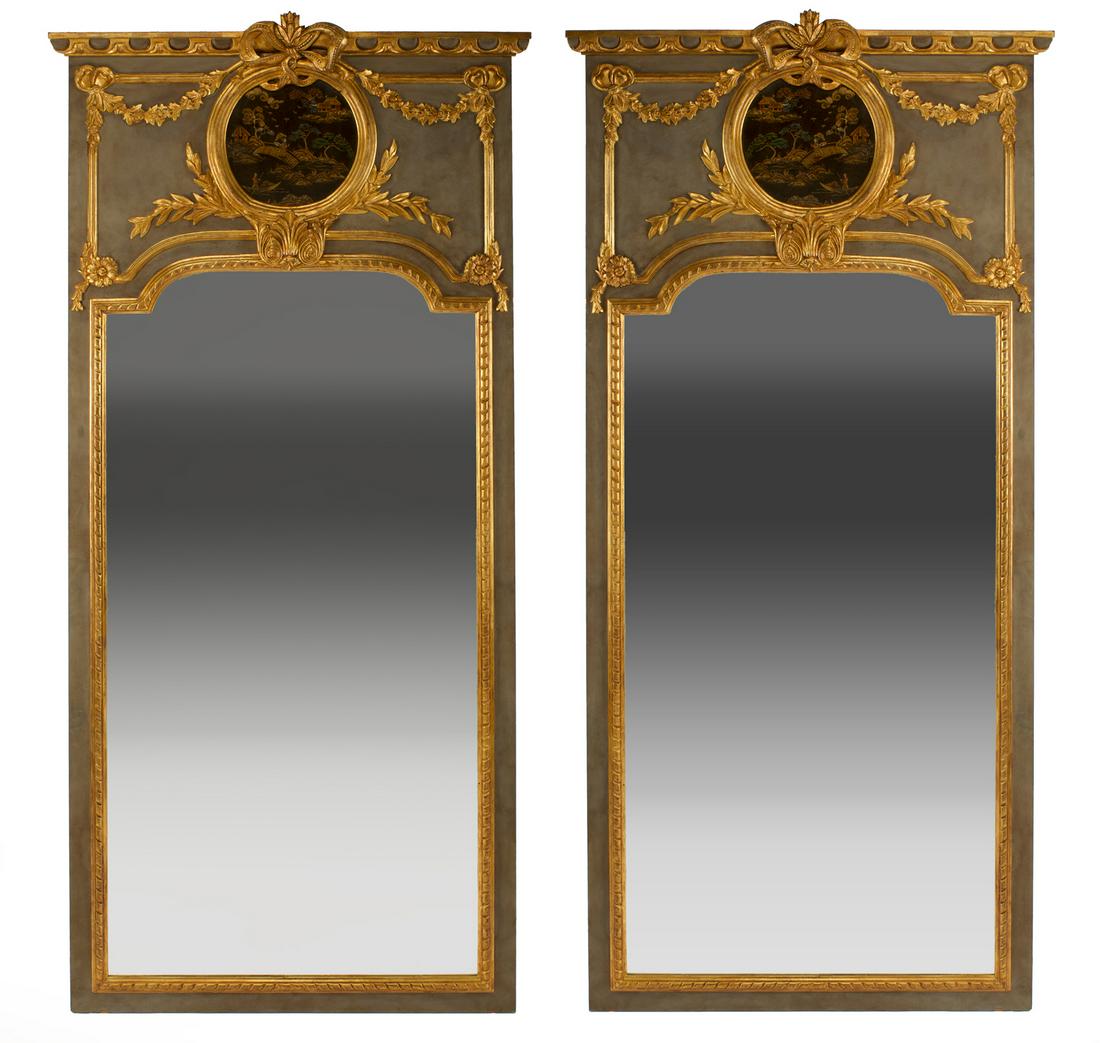 Pair of Louis XVI-Style Painted and Parcel Gilt Mirror: Pair of Louis XVI-Style Painted and Parcel Gilt Trumeau Mirrors, cabochon cornice, swagged chinoiserie reserve, cartouche mirror plate, foliate decoration, h. 94 in., w. 44 in.