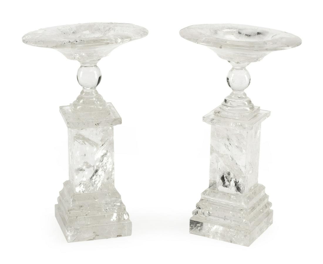 Pair of Continental Rock Crystal Tazzas: Pair of Continental Rock Crystal Tazzas, tall stepped bases, h. 9 in., w. 5 1/2 in., d. 4 in.