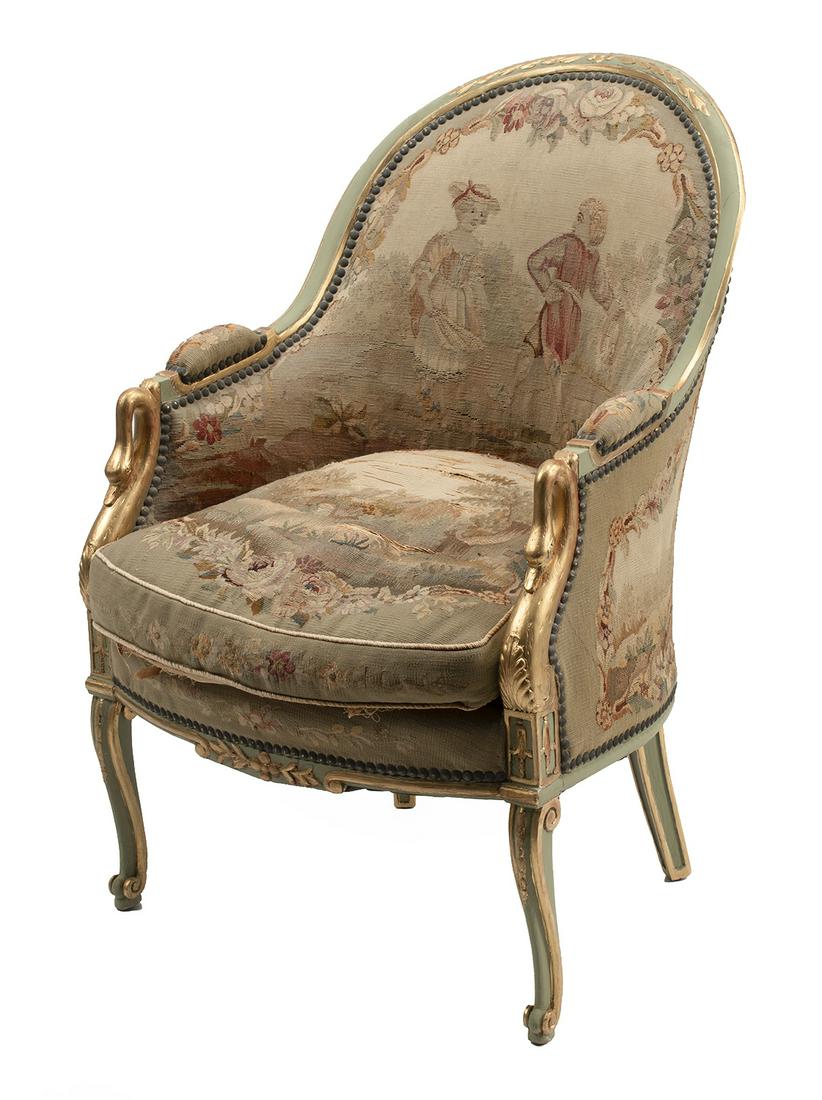 Louis Philippe Verte Peinte, Parcel Gilt Bergere: Louis Philippe Verte Peinte and Parcel Gilt Bergere, 19th c., arched back, figural swan uprights, foliate seat rail, cabriole legs, scrolled toes, h. 36 1/2 in., w. 23 in., d. 26 in.