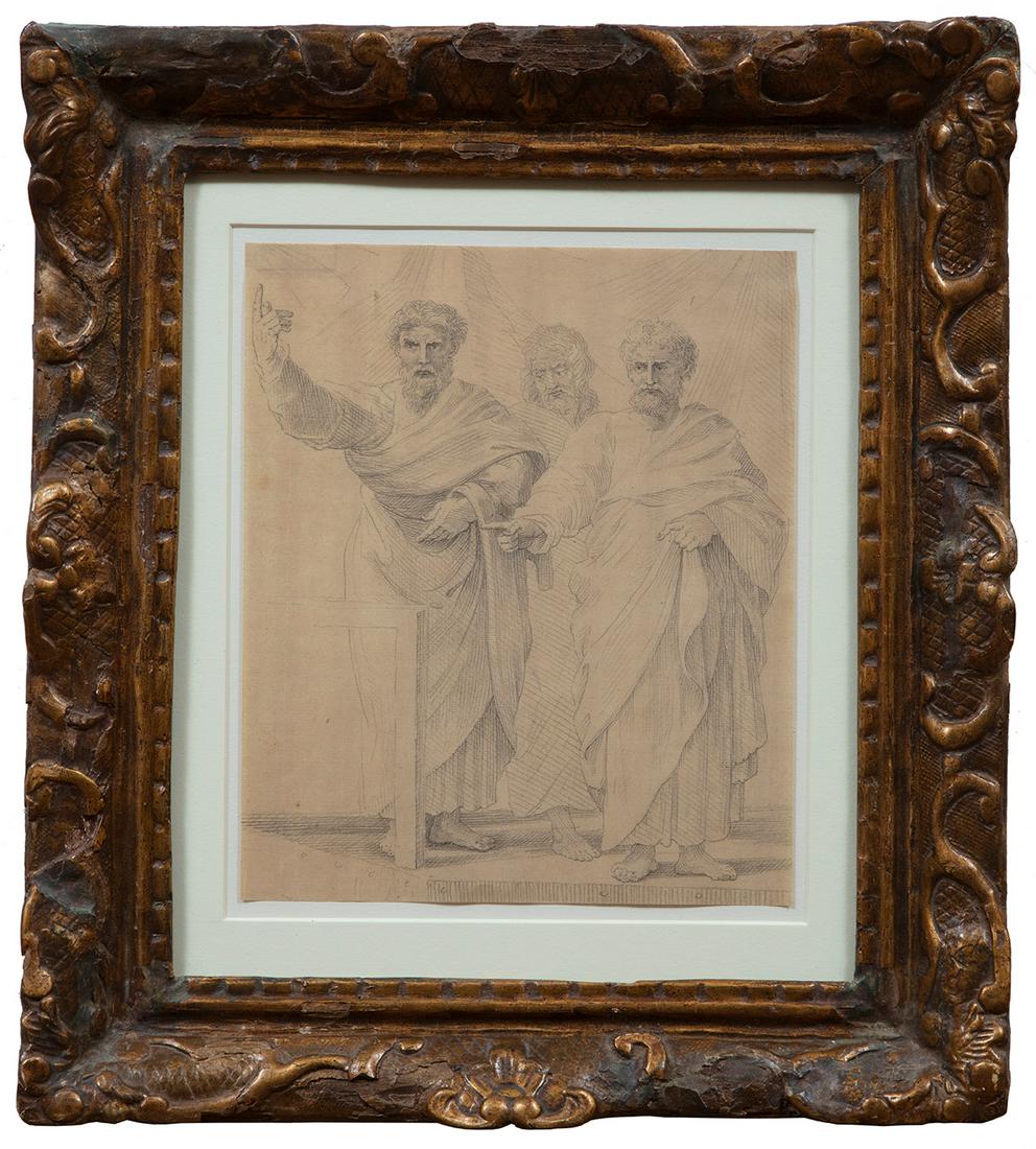Attributed to Francesco Bartolozzi (Italian): Attributed to Francesco Bartolozzi (Italian, 1728-1815), "Roman Senators", graphite on paper, unsigned, partial watermark visible, pencil-inscribed with artist on mount and backing board, 10 1/2 in. x