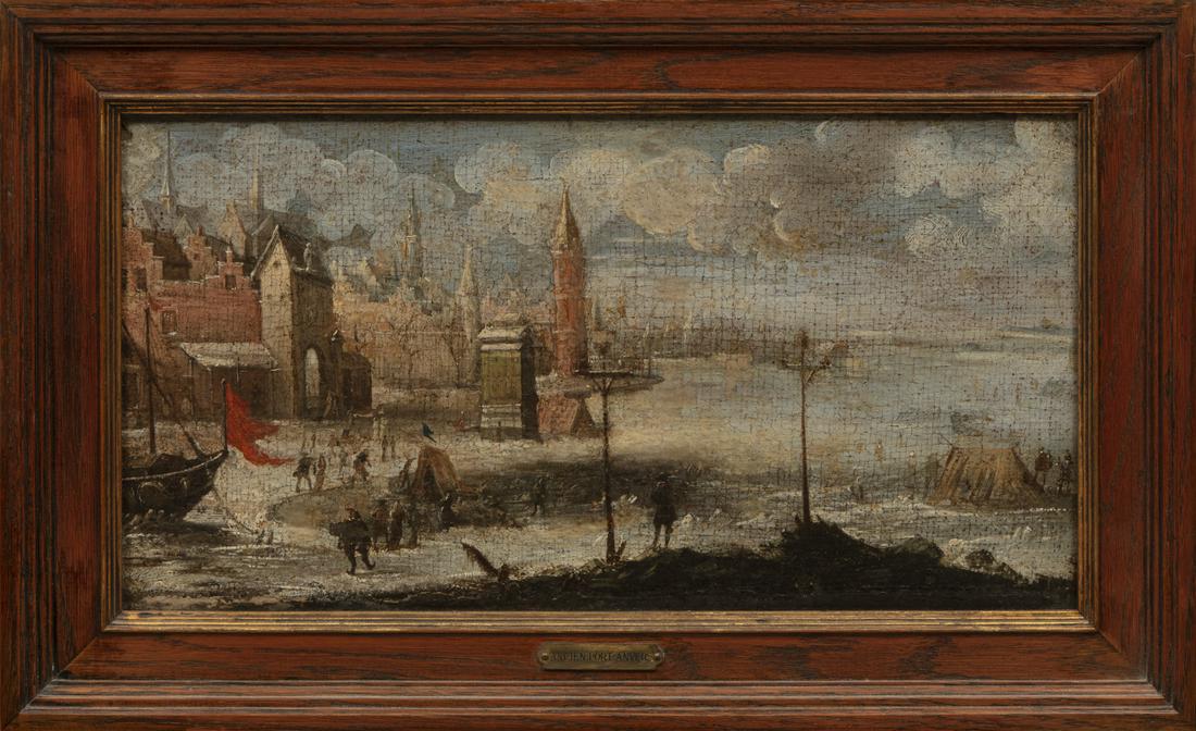 Continental School, 19th c: Continental School, 19th c., "Ancien Port Anvers", oil on canvas, unsigned, "James Bourlet & Sons, Ltd." label on stretcher, 7 3/4 in. x 14 3/4 in., framed with title plaque.