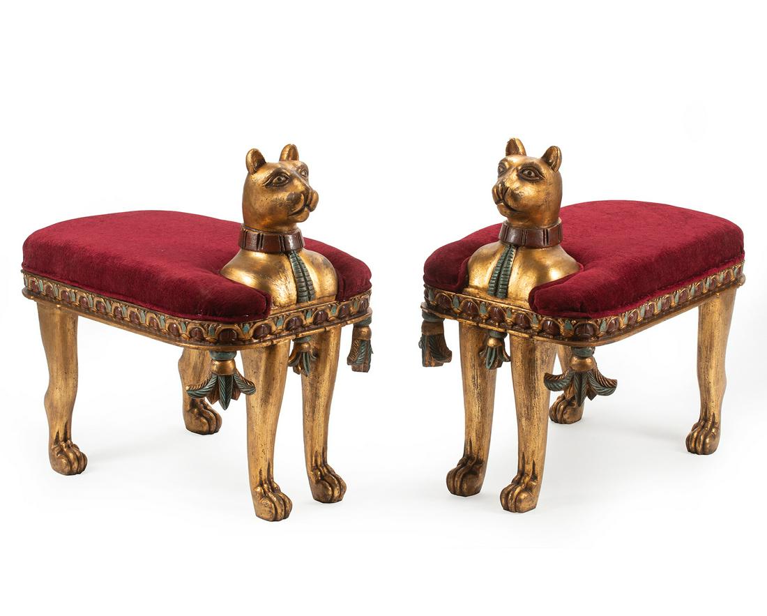 Egyptianesque Polychrome, Parcel Gilt Benches: Pair of Egyptianesque Polychrome and Parcel Gilt Figural Benches, upholstered seat surmounted by an anthropomorphic feline bust, scarab-carved seat rail, paw feet, h. 29 1/2 in., w. 18 in., d. 30 in.