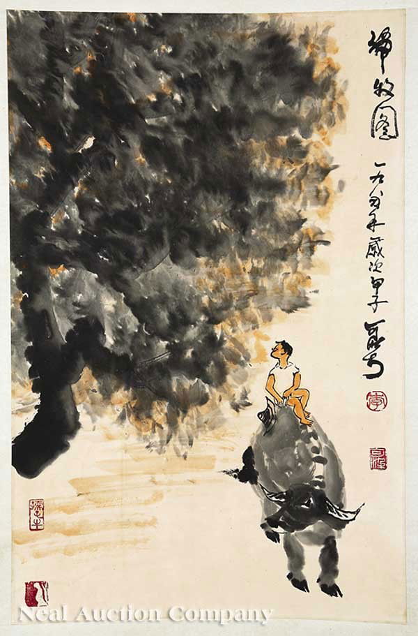 Chinese School, 20th c: Chinese School, 20th c., "Boy on a Buffalo Beneath a Tree", possibly Li Keran (1907-1989), ink and color on paper, inscribed and sealed upper to lower right, two seals lower left, 27 1/4 in. x 17 1/2