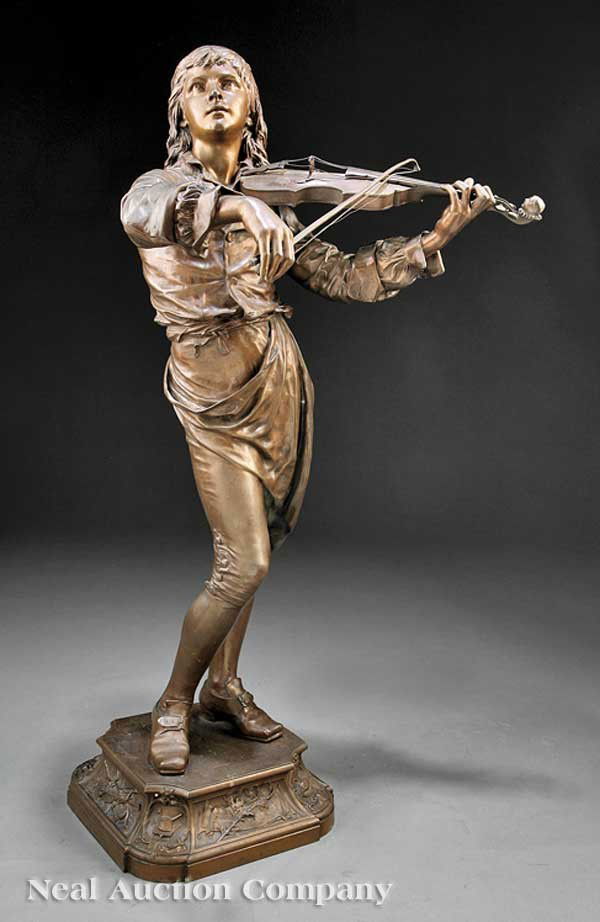André Louise Adolphe Laoust (French, 1843-1924): André Louise Adolphe Laoust (French, 1843-1924), "The Violinist Jean Baptiste Lulli, as a Young Man", bronze, cast signature and dated "1884-1886" and numbered "31" at base, Raingo Freres Foundry mar