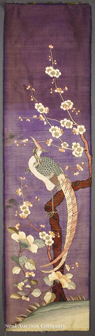 Four Chinese "Bird and Flower" Kesi Panels: A Fine Set of Four Chinese "Bird and Flower" Kesi Panels, 19th c., each panel with seasonal birds and flowers embroidered in slit weave technique on a blue ground with couched metallic thread highligh