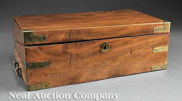 English Mahogany Lap Desk, William Gaimes: An English Mahogany Lap Desk, William Gaimes (active, 1800-1823), London, brass banding, labeled, height 6 1/4 in., width 17 3/4 in., depth 9 3/4 in