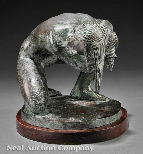 Enrique Alferez (American/Louisiana, 1901-1999): Enrique Alferez (American/Louisiana, 1901-1999), "The Bather", bronze, signed at edge of base, height 8 1/2 in., width 11 in., on a shaped oak base