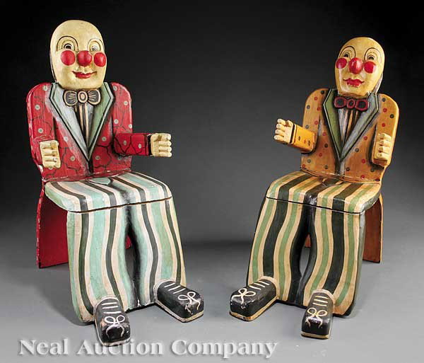 Pair of Carved and Polychromed Child's Chairs: A Pair of Carved and Polychromed Child's Chairs, in the form of seated clowns, height 25 in
