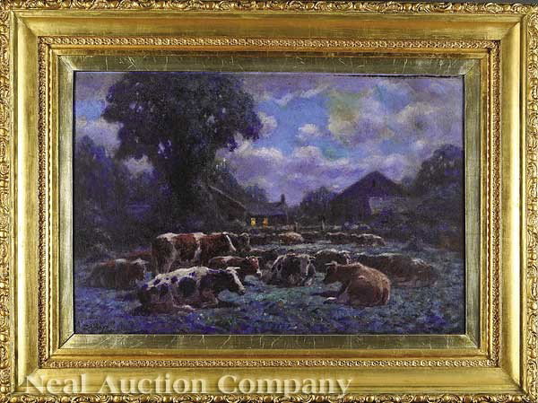 George Arthur Hays (American, 1854-1945): George Arthur Hays (American, 1854-1945), "The Herd at Twilight", c. 1900, oil on canvas board, signed lower left, 23 3/4 in. x 35 3/4 in., in an elaborate antique giltwood frame