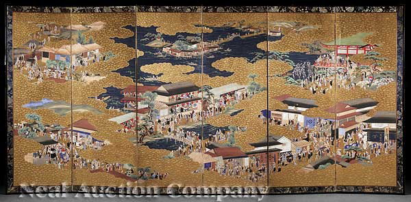 Japanese School, late Edo/Meiji Period, 19th c: Japanese School, late Edo/Meiji Period, 19th c., "Scenes of Daily Life in and around the City", six panel screen, ink, color, gold gofun and gold leaf on paper, height 61 7/8 in., width 142 1/2 in., o