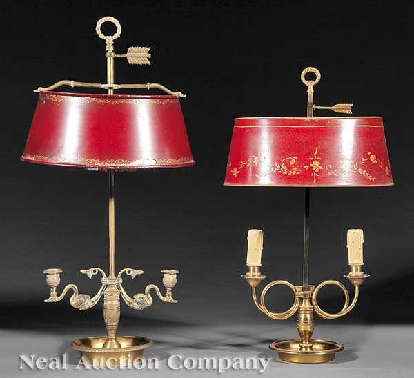 Two French Two-Light Bouillotte Lamps: Two French Two-Light Bouillotte Lamps, both with red tole shades, one with swan supports, the other with French horn supports, heights 22 and 25 in