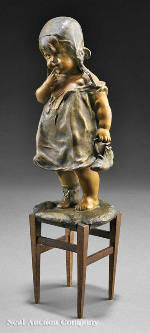 Continental Painted Bronze of "A Girl on a Stool": An Antique Continental Painted Bronze of "A Girl on a Stool", height 13 1/2 in