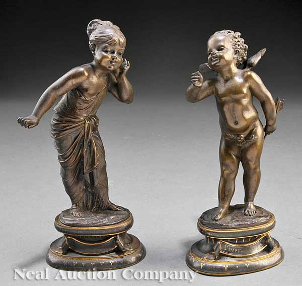 Louis Kley (French, 1833-1911): Louis Kley (French, 1833-1911), a pair of bronzes including "L'impressateur" and "L'indescret", each with cast signature at base, on decorative oval bases with title plaques, each height 8 1/2 in