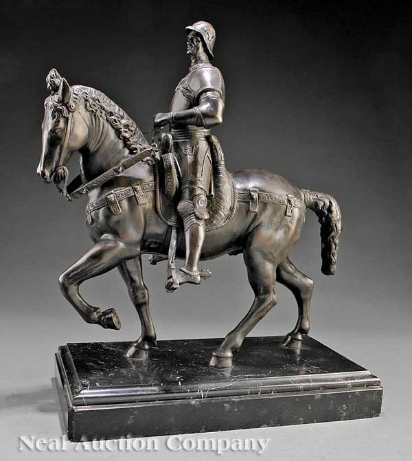 Italian Bronze of "Bartolomeo Colleoni": An Antique Italian Bronze of "Bartolomeo Colleoni", after the c. 1480s equestrian model by Andrea del Verrocchio (Italian, 1435-1488) now in Venice, on a rectangular black marble base, height 25 in