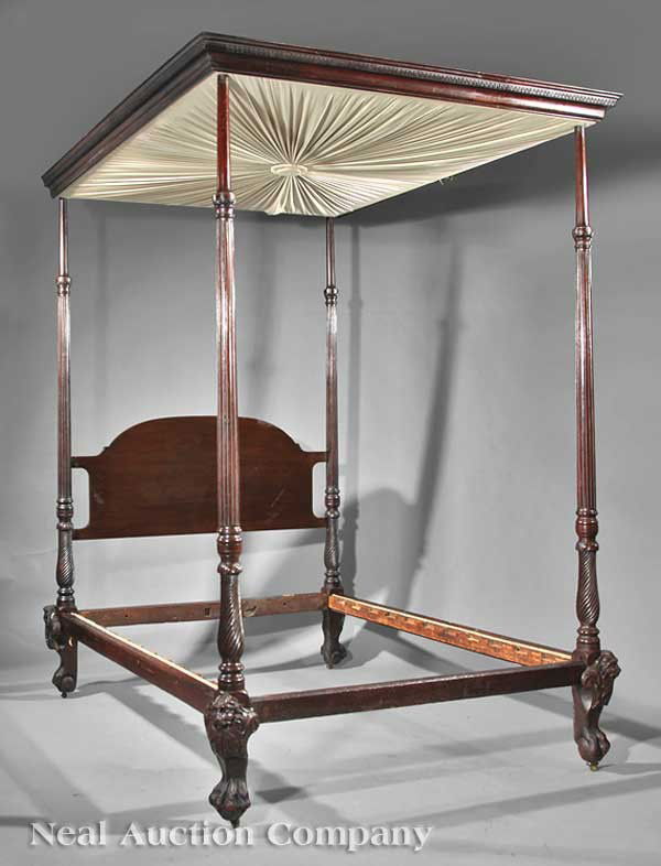George III-Style Carved Mahogany Full Tester Bed: A Fine George III-Style Carved Mahogany Full Tester Bed, molded tester with Greek key carved frieze, arched headboard, tapered fluted posts with ring-turned collars, spiral reeding, on massive hairy p