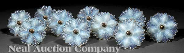 Ten American Pressed Opaline Glass Tiebacks: Ten Antique American Pressed Opaline Glass Tiebacks, late 19th c., floriform, with nickel-plated shaft, diameter 3 1/4 in