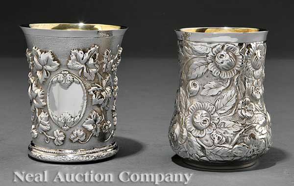 Sterling Silver Repousse Beakers, Galmer : Two American Sterling Silver Repousse Beakers, Galmer Silversmiths, NY, height 4 in., combined weight 12.80 troy ozs