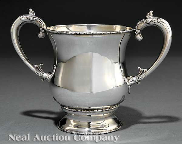 Frank Smith & Co Sterling Silver Loving Cup: An American Sterling Silver Loving Cup, Frank Smith & Co., Gardner, MA, c. 1900, wc. 1886-1958, with two handles and molded borders, height 9 in., weight 10.05 troy ozs
