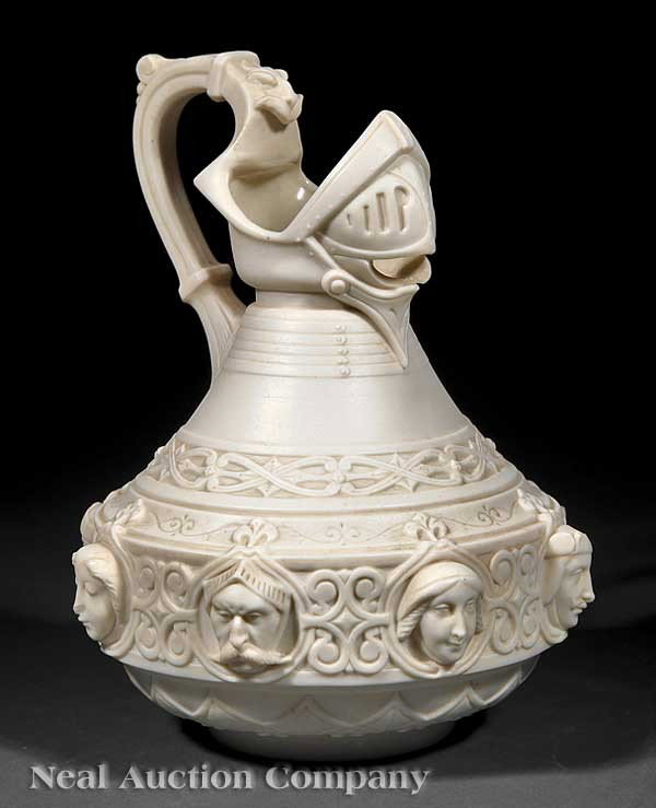 Renaissance Revival Parian Water Pitcher: A Good Renaissance Revival Parian Water Pitcher, c. 1860, relief decoration depicting knights and maidens, height 10 in