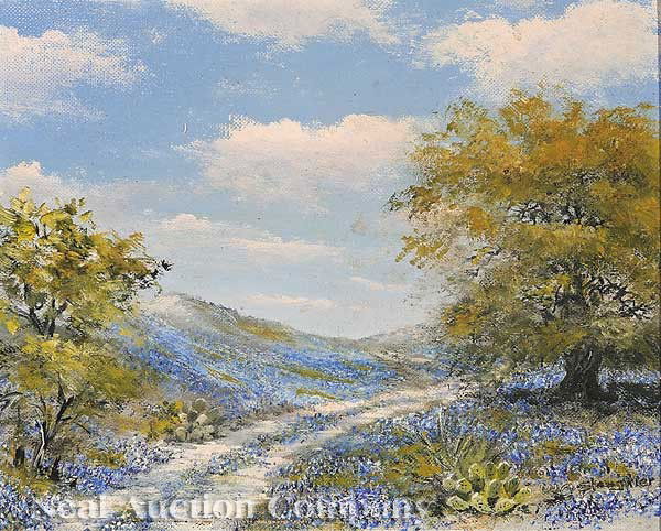 William A. Slaughter (American/Texas, 1923-2003): William A. Slaughter (American/Texas, 1923-2003), "Texas Bluebonnets, Prickly Pears, and Oak Tree", 1967, oil on canvas board, signed lower right, inscribed en verso, 8 in. x 10 in., framed