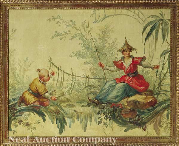 French School, 19th c: French School, 19th c., "A Chinoiserie Scene", oil on canvas, unsigned, 25 1/2 in. x 32 in., in a carved wood frame, 25 1/2 in. x 32 in., in a carved gilt frame