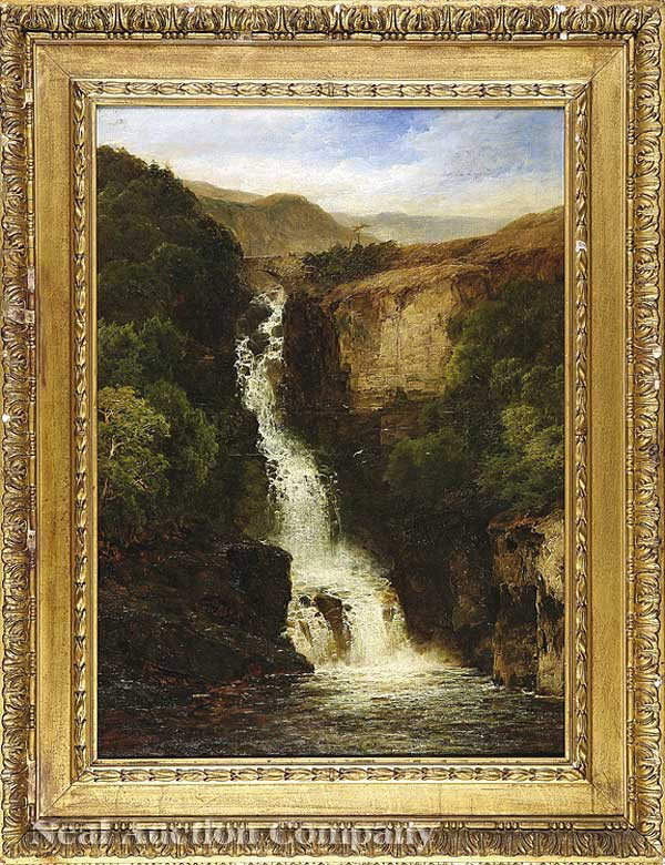 John Brandon Smith (British, 1848-1884): John Brandon Smith (British, 1848-1884), "Waterfall", 1893, oil on canvas, signed and dated lower left, 36 in. x 26 in., in an antique carved and giltwood frame