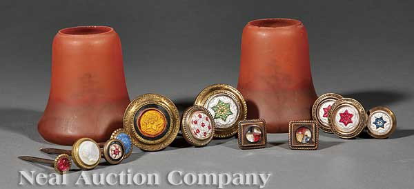 American Reverse Painted Amber Glass Shades: A Pair of American Reverse Painted Amber Glass Shades, c. 1900, with landscape scenes, 2 in. fitters; together with a group of thirteen fancy and colored glass picture pins set in brass, mid-19th c., 