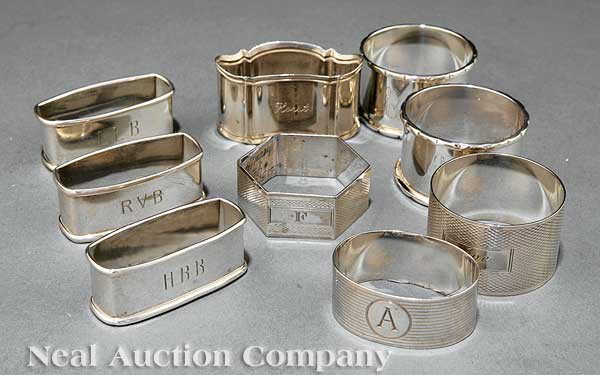 Group of Sterling Silver Napkin Rings: A Group of Sterling Silver Napkin Rings, early 20th c., combined weight 6.95 troy ozs., (9 pcs.)