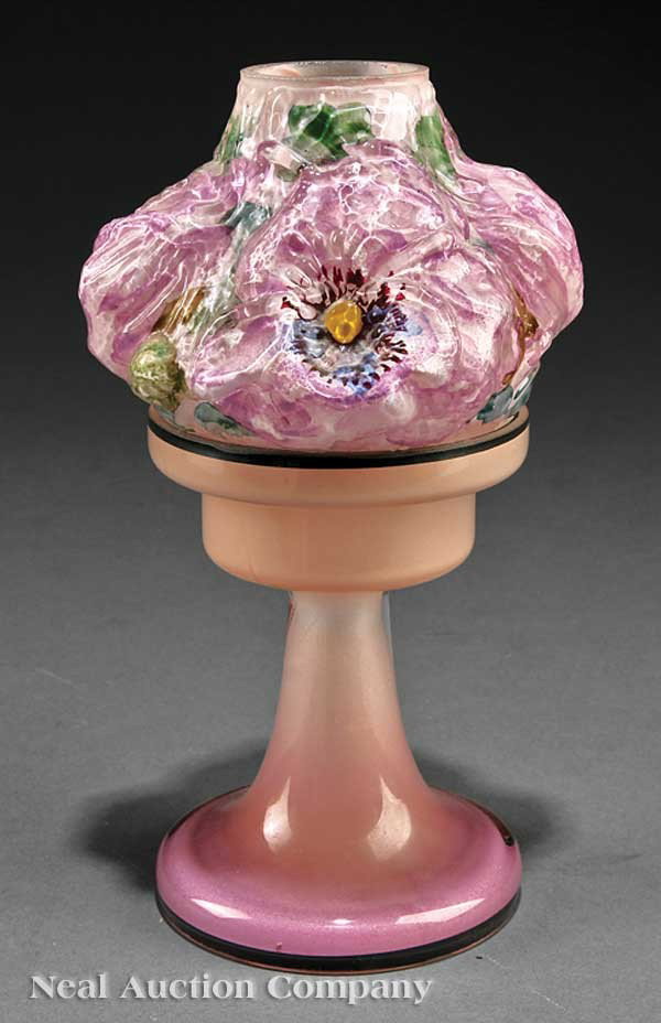 Miniature Pairpoint Puffy Candle Lamp: A Miniature Pairpoint Puffy Candle Lamp, 20th c., with opaline glass base, height 8 in., diameter 4 in