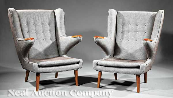 Hans Wegner-Style "Papa Bear" Wing Chairs: A Pair of Modern Hans Wegner-Style "Papa Bear" Wing Chairs, canted tufted backs, tapered arms with maple capped terminals, trapezoidal seats, splayed tapered legs, recently upholstered