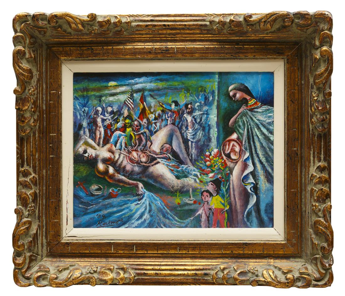 Noel Rockmore (American/Louisiana, 1928-1995): Noel Rockmore (American/Louisiana, 1928-1995) , "Caesarean Section", 1984, oil on canvas, signed and dated lower left, 11 in. x 14 in., framed. Provenance: Collection of Shirley Marvin; thence by desc