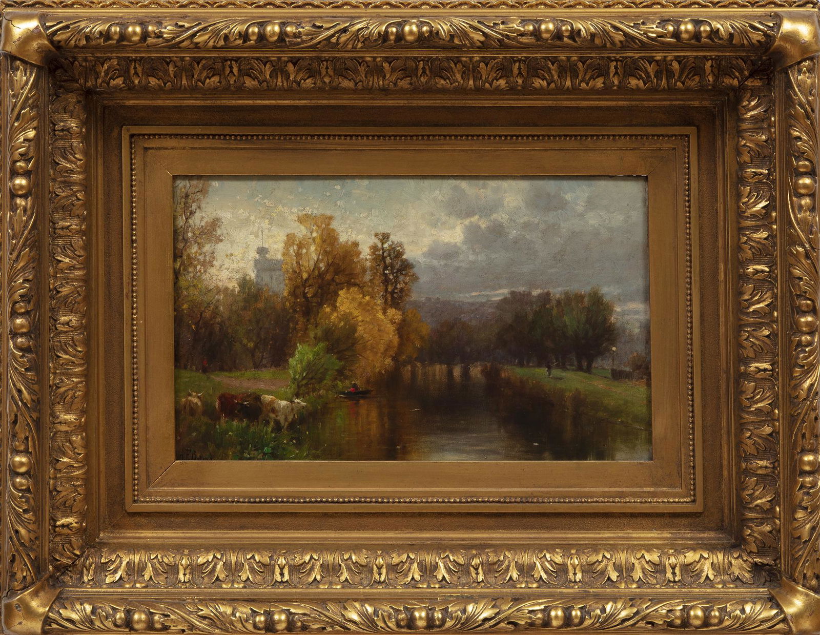 Albert Fitch Bellows (American, 1829-1883): Albert Fitch Bellows (American, 1829-1883) , "Landscape with Cows by the River", oil on canvas board, signed lower left, 10 in. x 16 1/2 in., framed. Provenance: Treadway Gallery, Oak Park, IL, Dec. 3